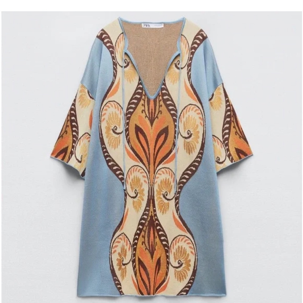 NWOT Zara Blue Cream Orange Patterned Mini Dress